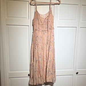 Peach Floral Tiered Midi Slip Dress with Ruffle Detail